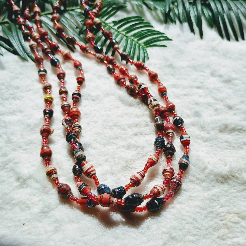Vintage, multi-colored African recycled paper bead triple strand Necklace, Boho